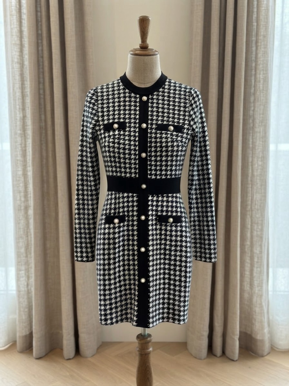 Black and White Houndstooth Midi Dress with Pearl Trim